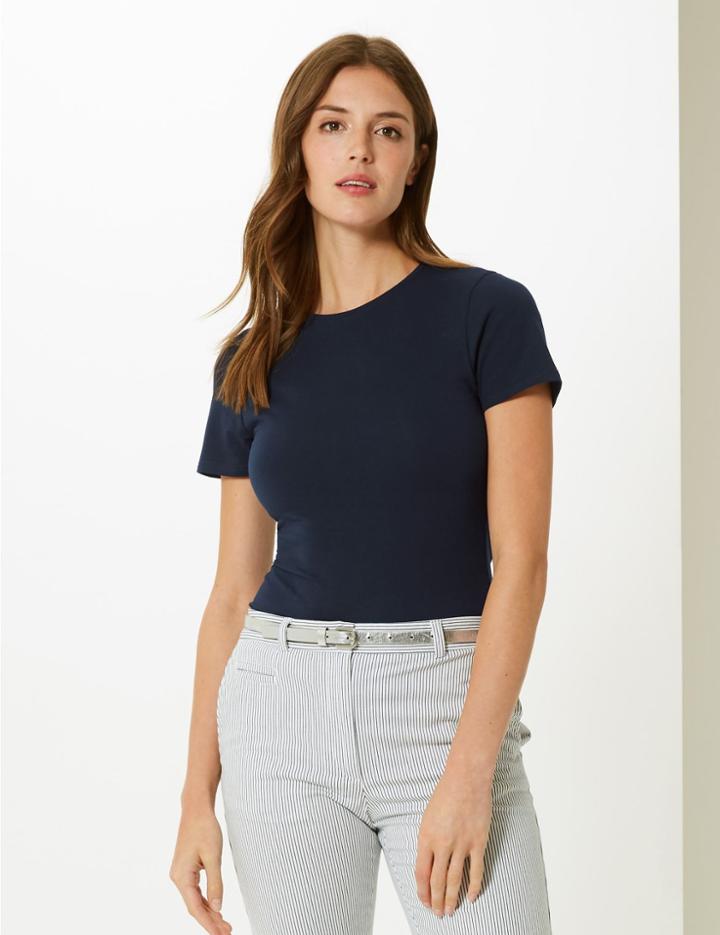 Marks & Spencer Round Neck Short Sleeve Fitted T-shirt Navy