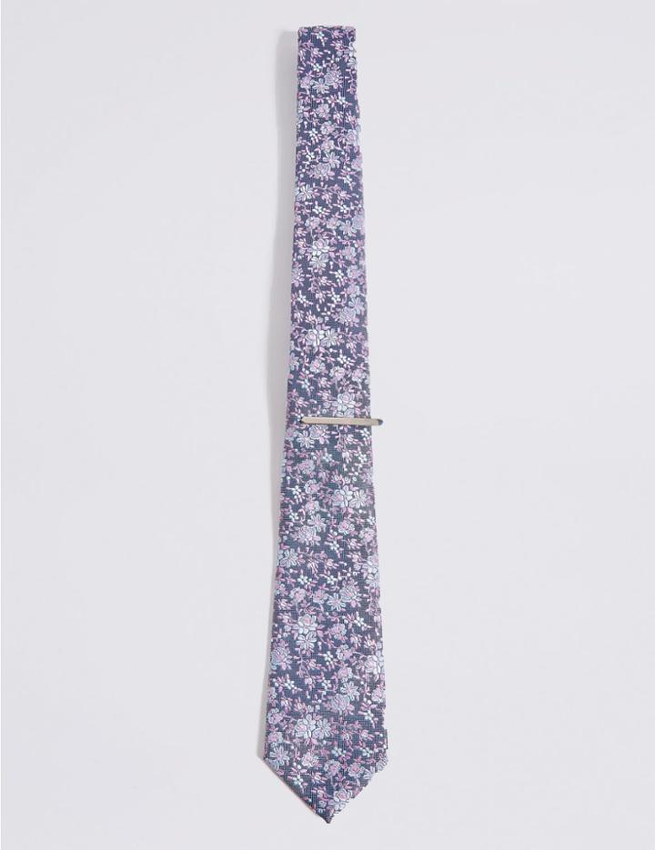 Marks & Spencer Floral Jacquard Tie & Pin Set Blue Mix