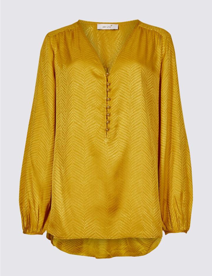 Marks & Spencer Textured Satin V-neck Long Sleeve Blouse Ochre