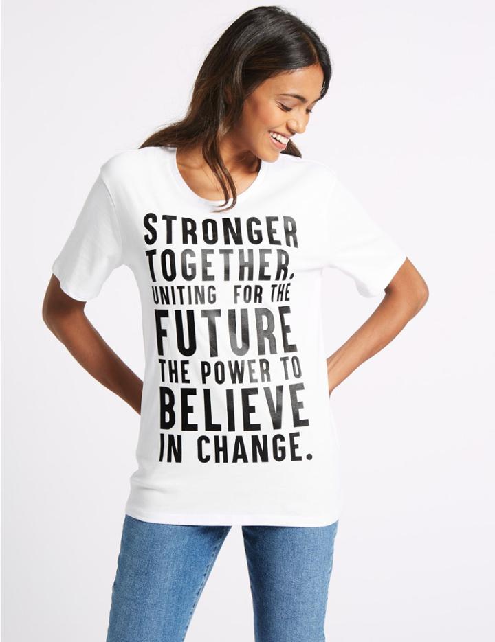 Marks & Spencer Pure Cotton Slogan Short Sleeve T-shirt White