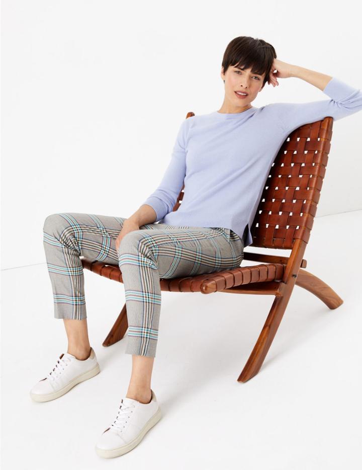 Marks & Spencer Checked Slim Ankle Grazer Trousers Blue Mix