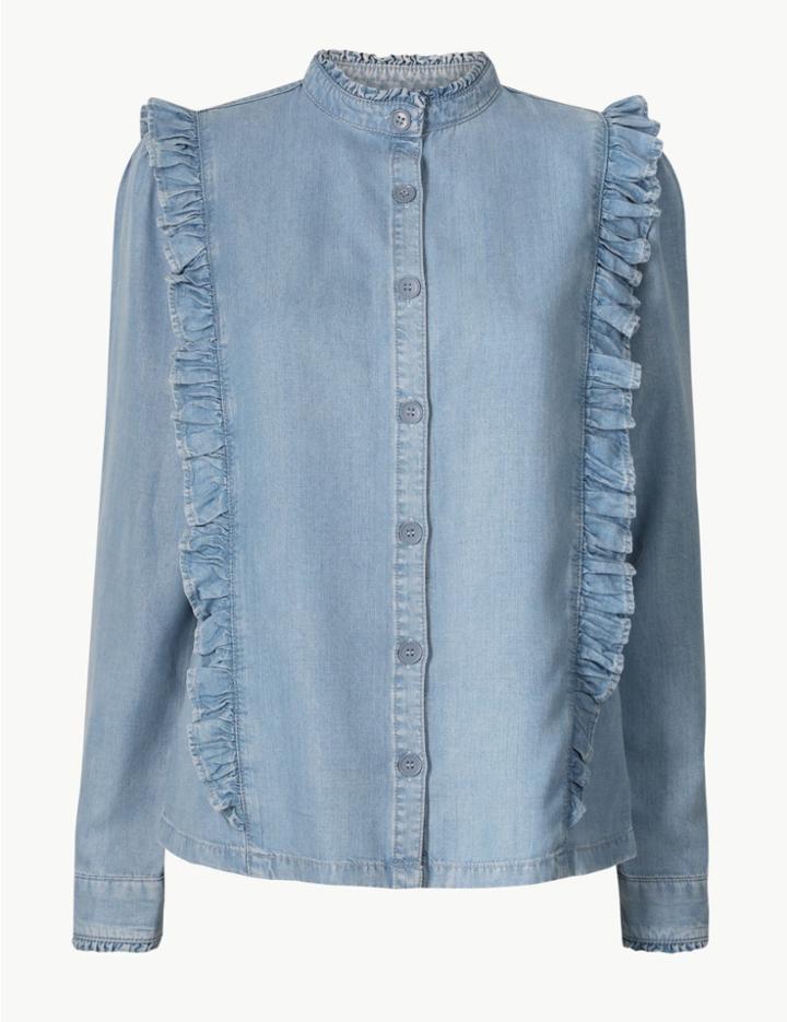 Marks & Spencer High Neck Long Sleeve Shirt Light Denim