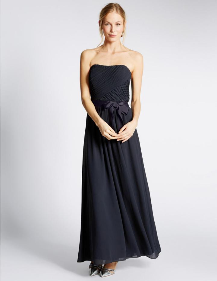 Marks & Spencer Pleated Maxi Dress With Belt Navy