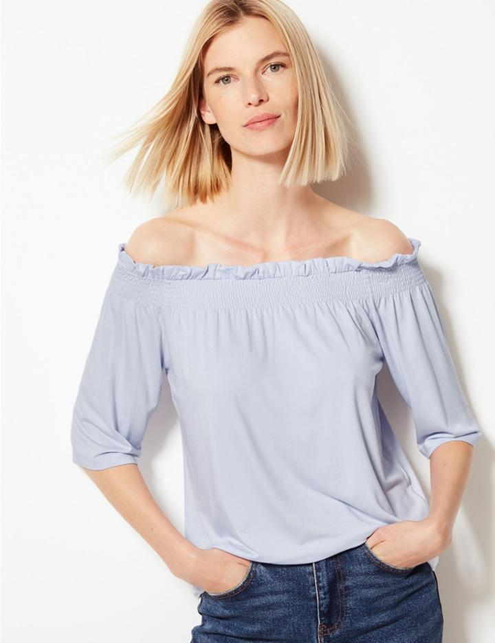 Marks & Spencer Regular Fit Bardot Top Pale Blue
