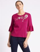 Marks & Spencer Pure Cotton Embroidered Round Neck Jumper Fuchsia
