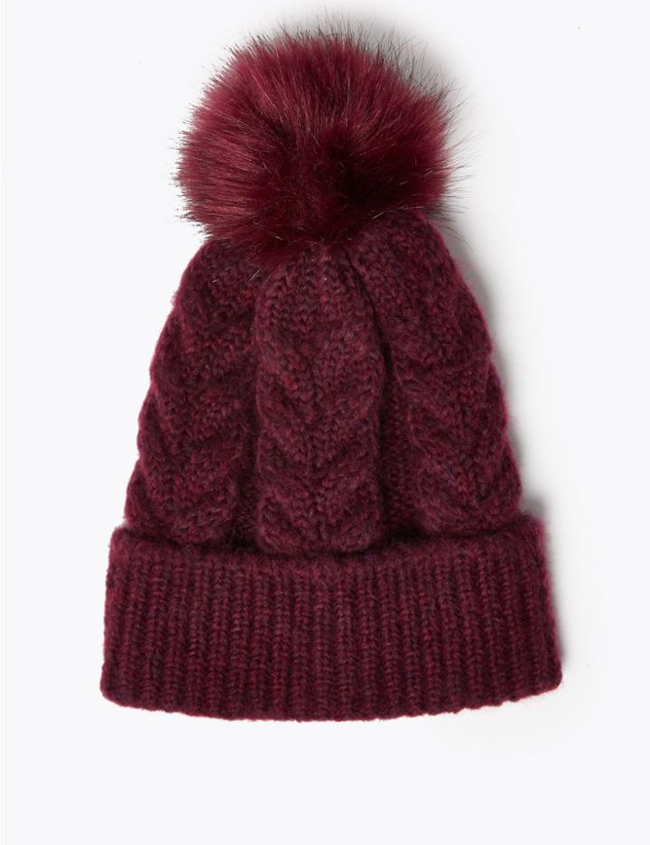 Marks & Spencer Cable Knit Pom-pom Beanie Burgundy