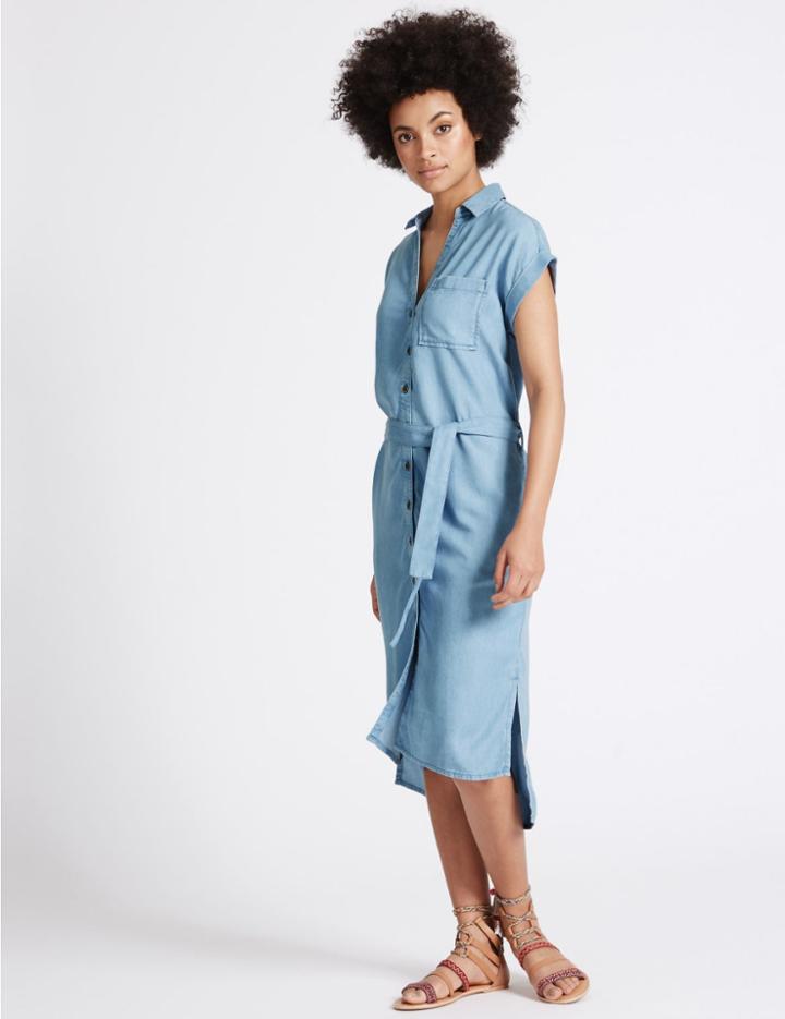 Marks & Spencer Short Sleeve Shirt Midi Dress With Belt Denim