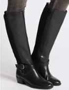 Marks & Spencer Leather Block Heel Strap Knee High Boots Black