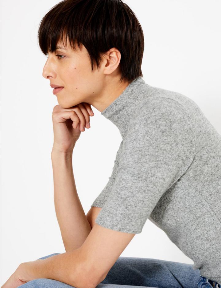 Marks & Spencer Textured Cosy Short Sleeve Top Light Grey Mix