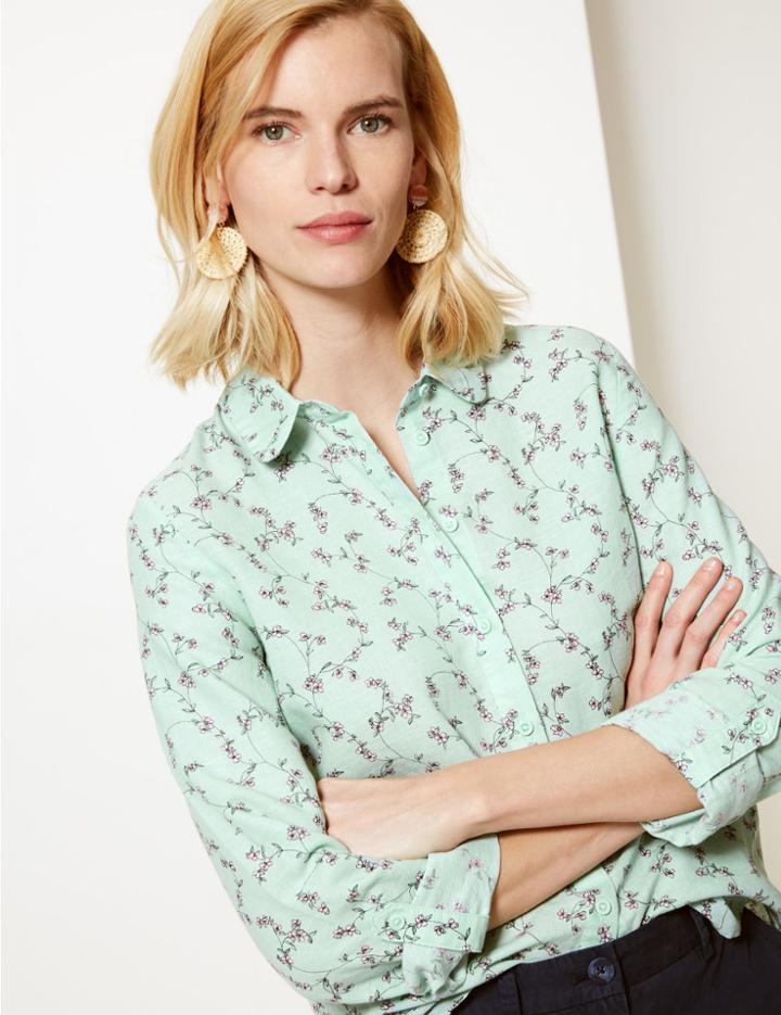 Marks & Spencer Floral Print Long Sleeve Shirt Mint Mix