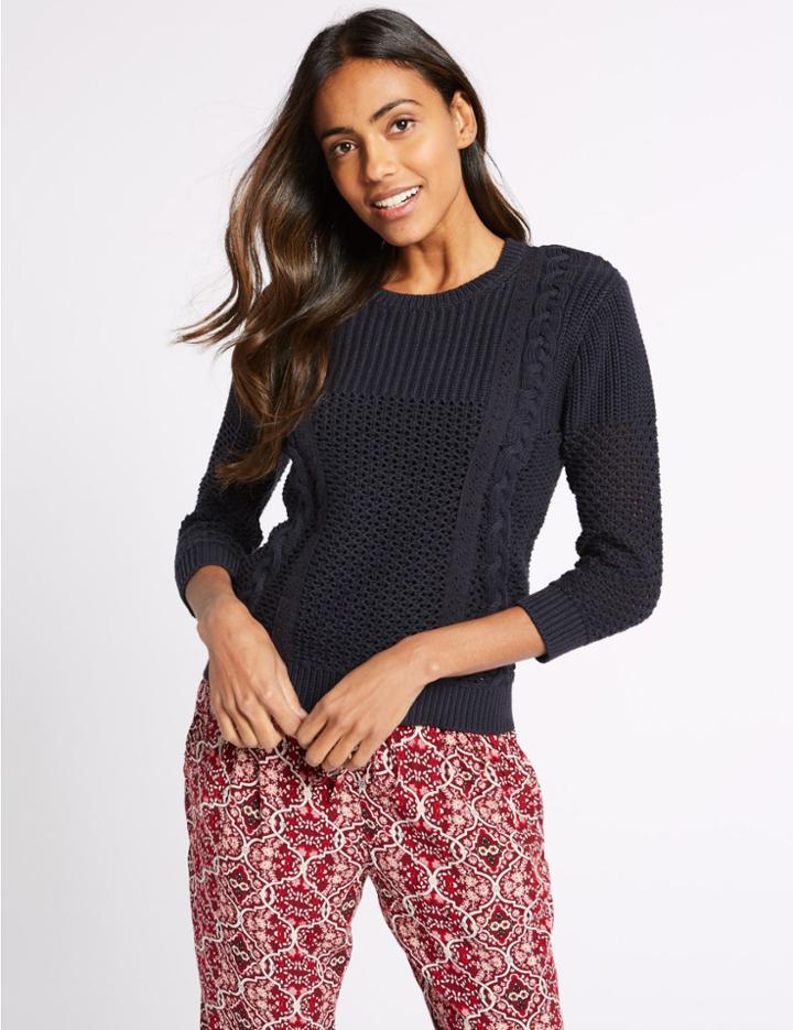 Marks & Spencer Pure Cotton Textured 3/4 Sleeve Jumper Navy