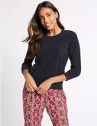 Marks & Spencer Pure Cotton Textured 3/4 Sleeve Jumper Navy