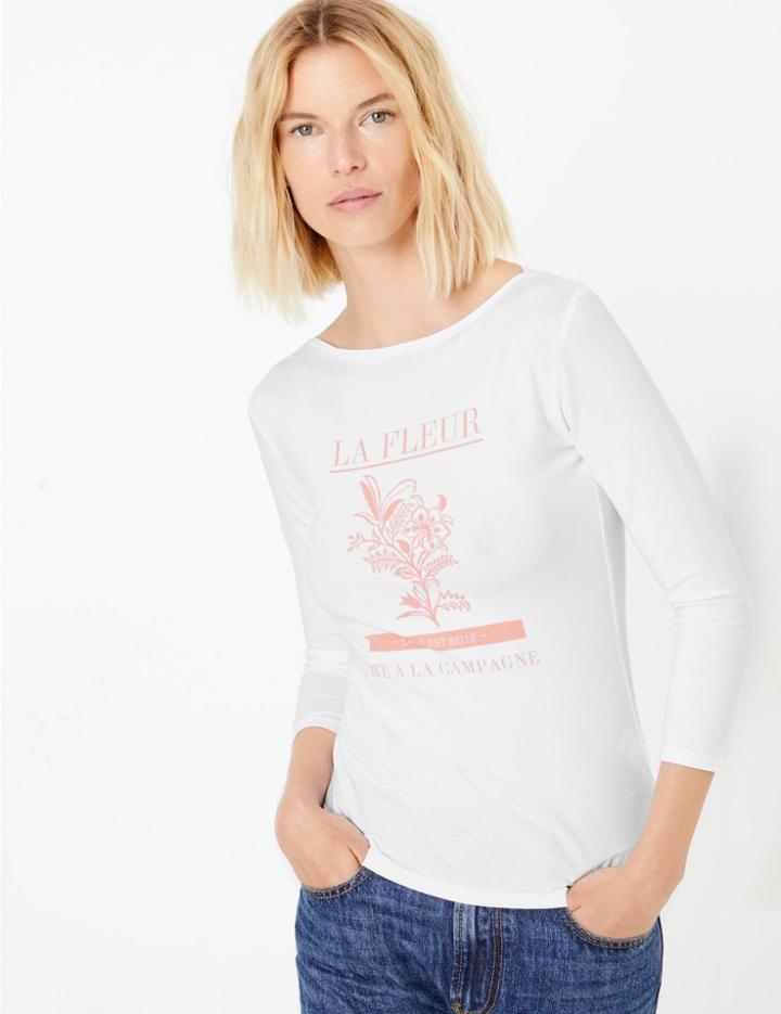 Marks & Spencer La Fleur Slash Neck Fitted T-shirt White Mix