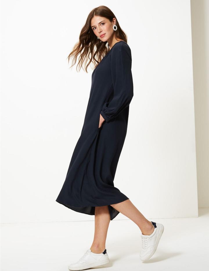 Marks & Spencer Long Sleeve Relaxed Midi Dress Navy