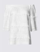Marks & Spencer Cotton Rich Bardot Crochet Jersey Top White