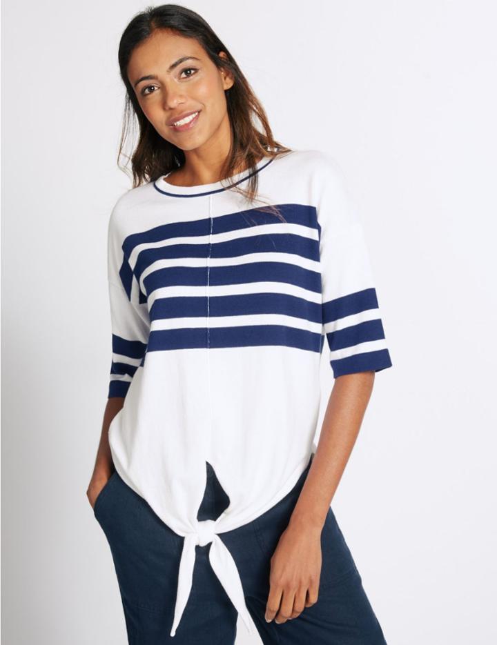 Marks & Spencer Pure Cotton Striped Tie Front Jumper Navy Mix