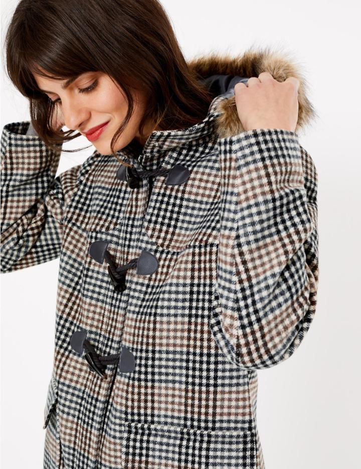 Marks & Spencer Checked Duffle Coat Brown Mix
