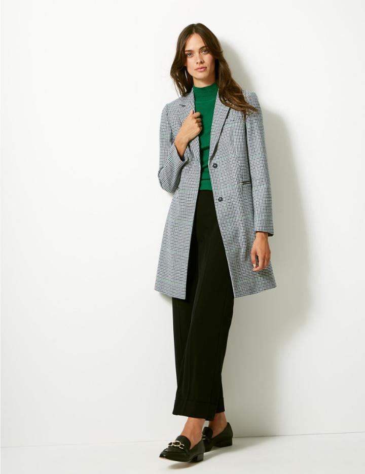 Marks & Spencer Wool Blend Checked Coat Navy Mix
