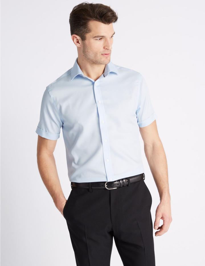 Marks & Spencer Pure Cotton Short Sleeve Slim Fit Shirt Sky