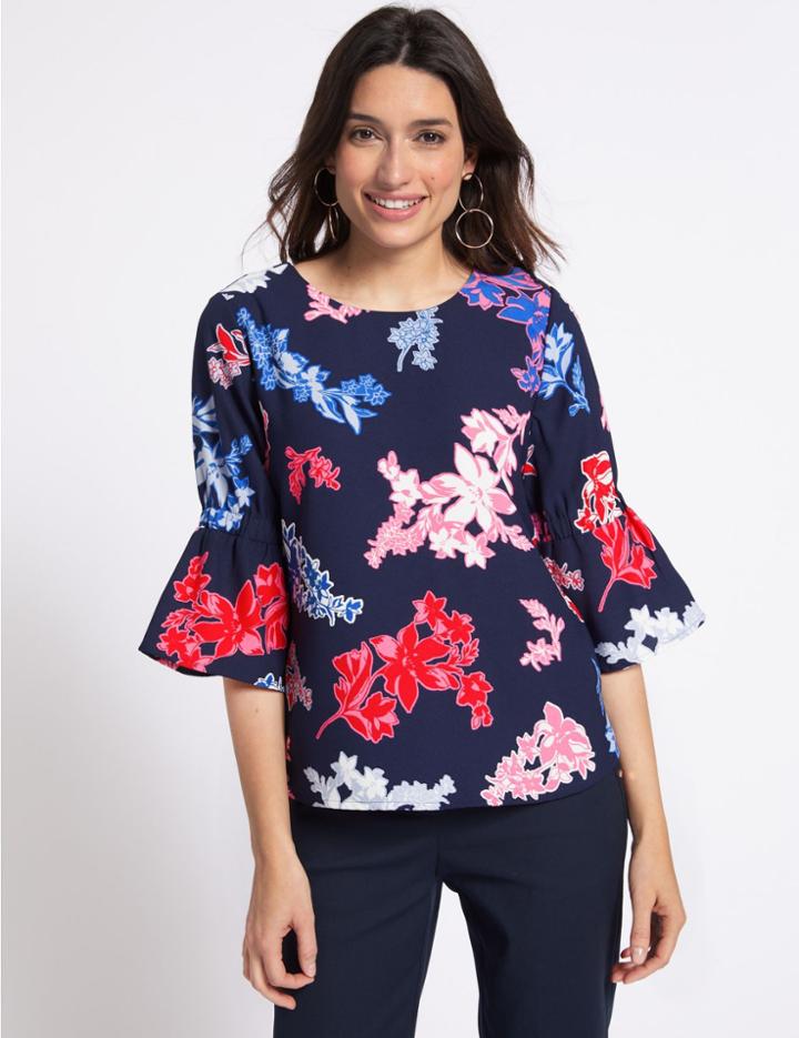 Marks & Spencer Floral Print &frac34; Sleeve Blouse Navy Mix