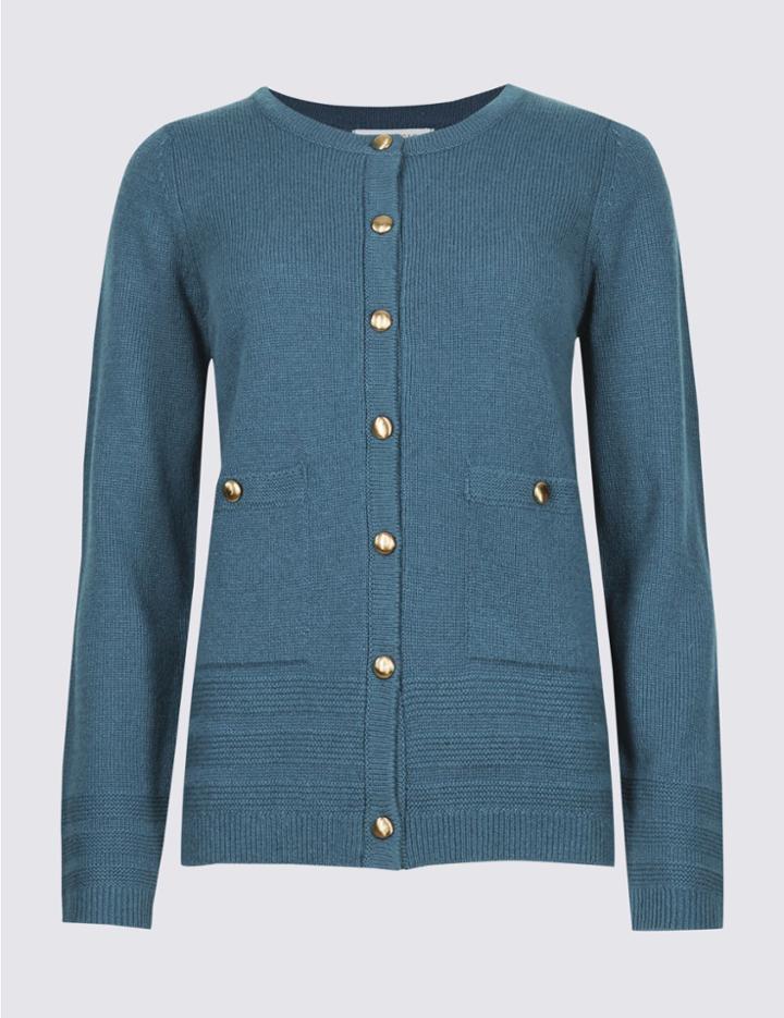 Marks & Spencer Lambswool Blend Round Neck Cardigan Medium Blue