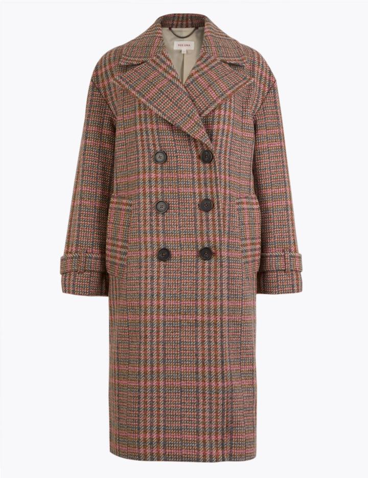 Marks & Spencer Checked Double Breasted Coat Pink Mix