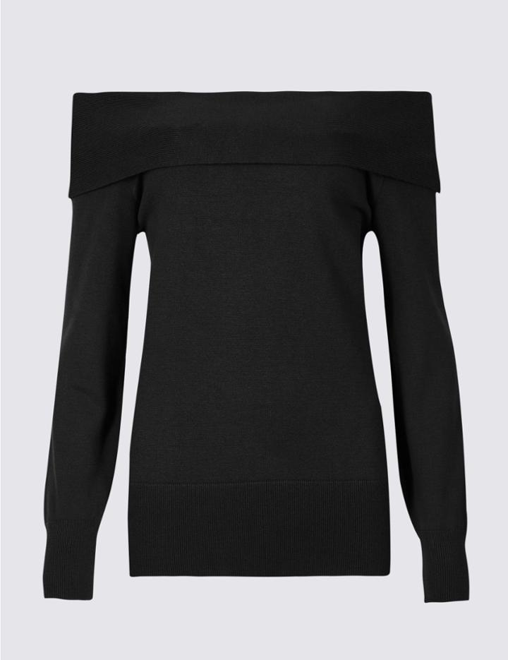 Marks & Spencer Textured Long Sleeve Bardot Jumper Black C