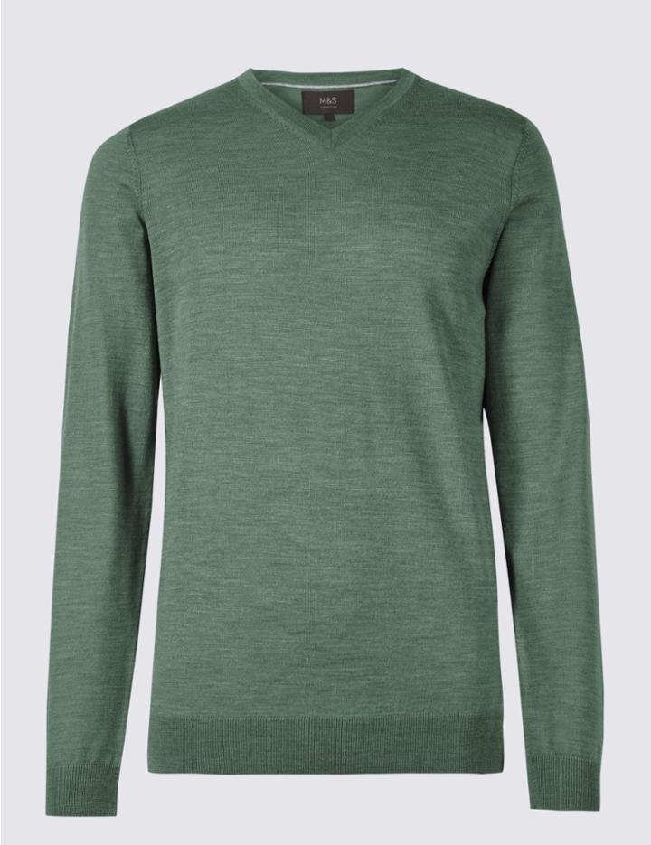 Marks & Spencer Pure Merino Wool Crew Neck Jumper Avocado