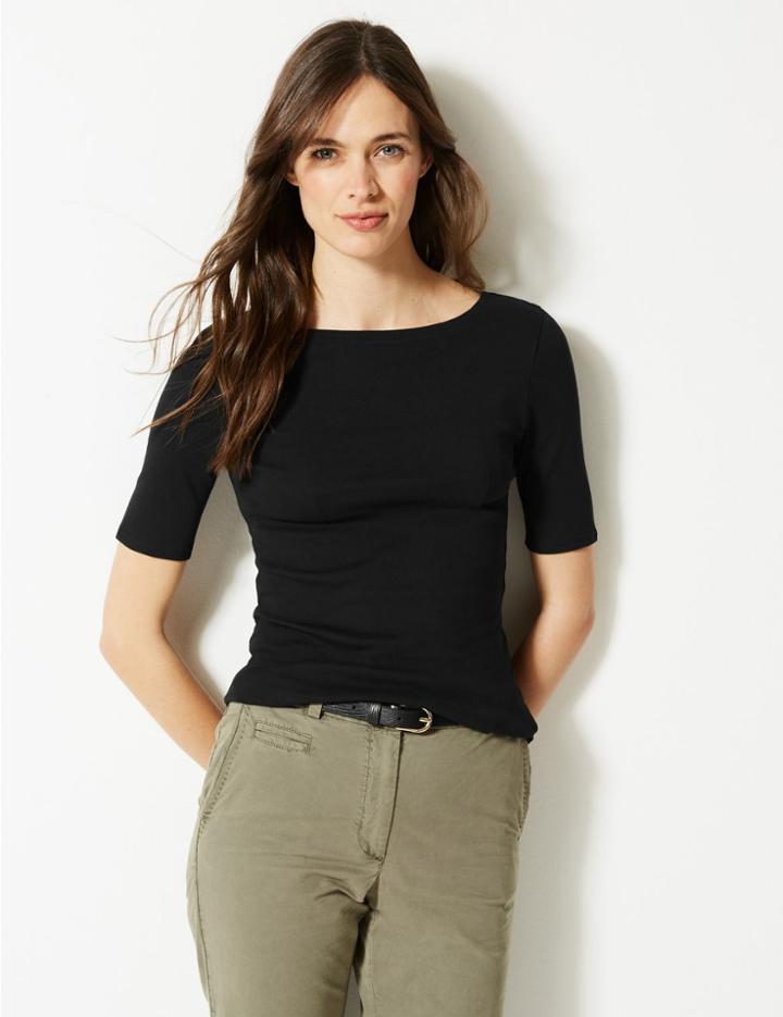 Marks & Spencer Pure Cotton Boat Neck Regular Fit T-shirt Black