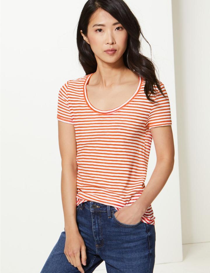 Marks & Spencer Cotton Rich Striped Regular Fit T-shirt Red Mix
