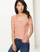 Marks & Spencer Cotton Rich Striped Regular Fit T-shirt Red Mix