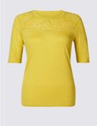 Marks & Spencer Geometric Lace Panel Half Sleeve Jersey Top Lime