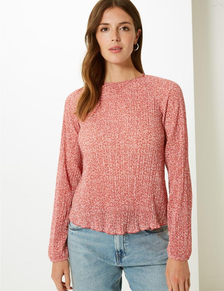 Marks & Spencer Floral Print Sheer Round Neck Blouse Terracotta Mix