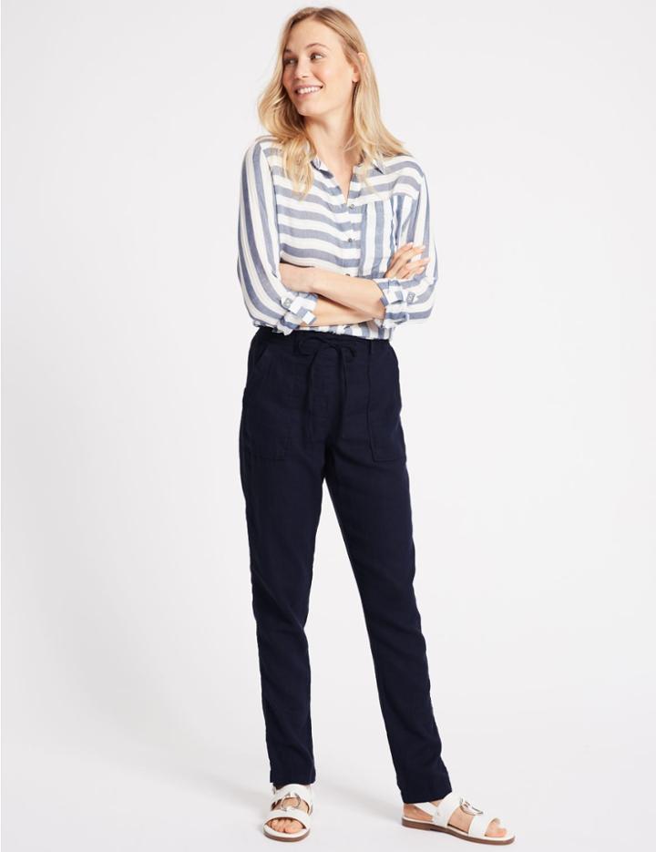 Marks & Spencer Linen Rich Peg Trousers Navy