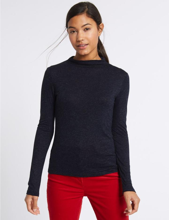 Marks & Spencer High Neck Long Sleeve T-shirt Navy Marl
