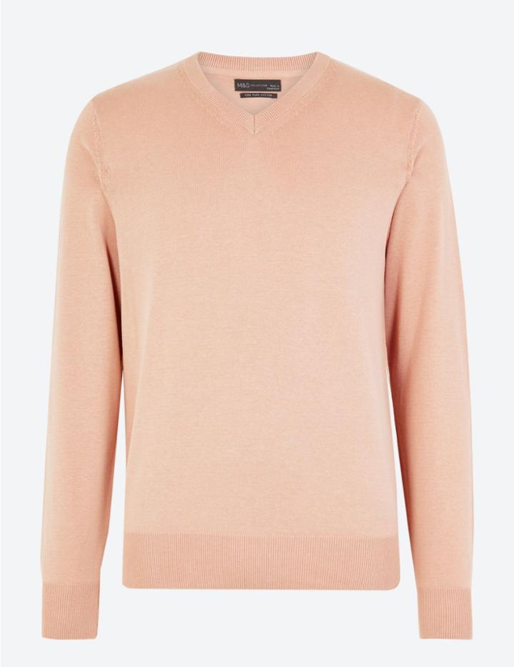 Marks & Spencer Cotton V Neck Jumper Soft Pink