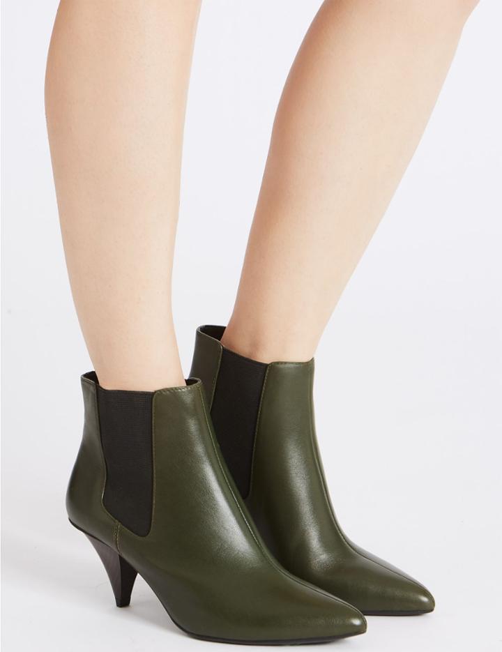 Marks & Spencer Leather Cone Heel Elastic Ankle Boots Khaki