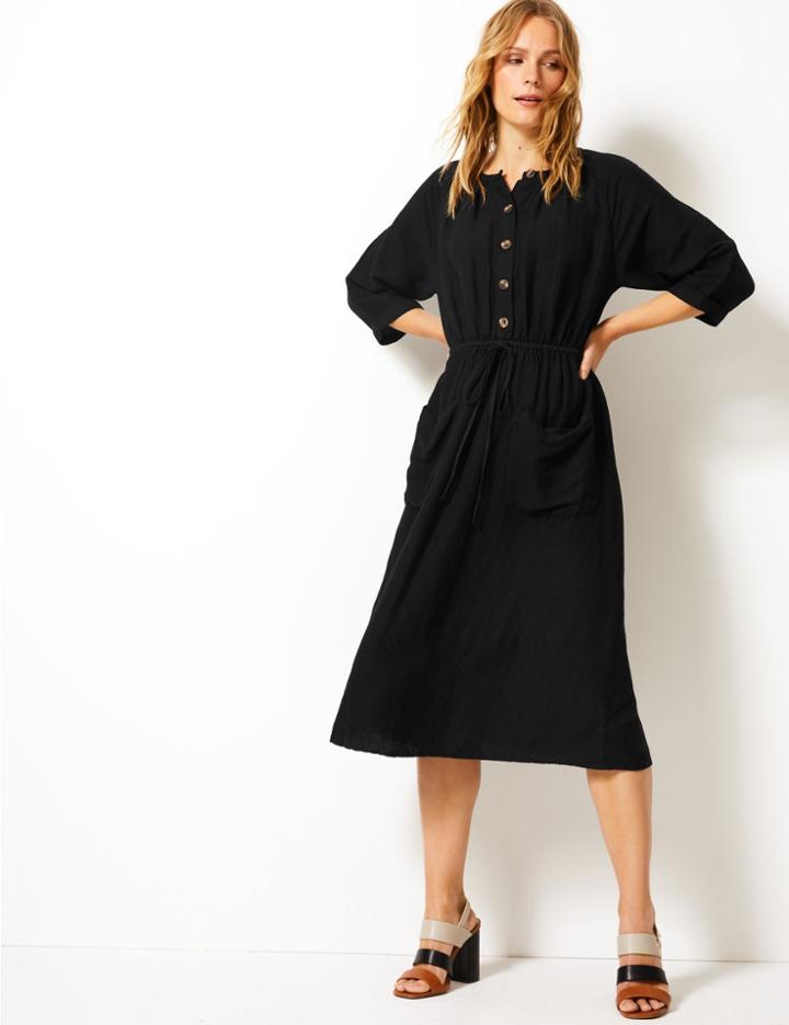 Marks & Spencer Linen Blend 3/4 Sleeve Waisted Midi Dress Black