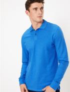 Marks & Spencer Cotton Long Sleeve Polo Shirt Royal Blue