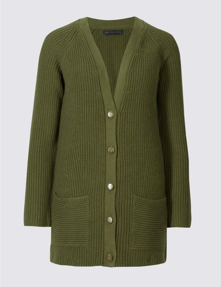 Marks & Spencer Pure Cotton Boyfriend Cardigan Soft Khaki