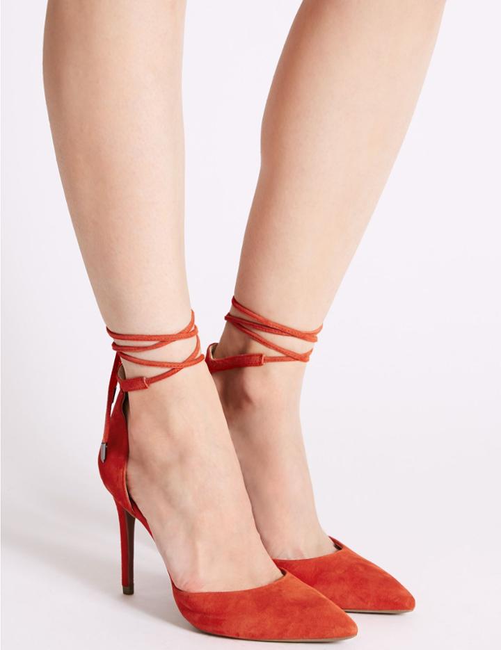 Marks & Spencer Suede Stiletto Heel Ankle Tie Court Shoes Flame