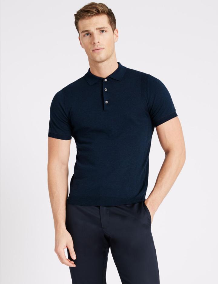 Marks & Spencer Supima&reg; Cotton Short Sleeve Knitted Polo Shirt Navy
