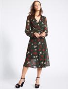 Marks & Spencer Floral Print Bubble Sleeve Wrap Midi Dress Green Mix