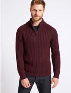 Marks & Spencer Textured Zip Neck Jumper With Wool Burgundy Mix