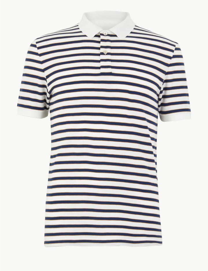 Marks & Spencer Cotton Striped Polo Shirt Winter White