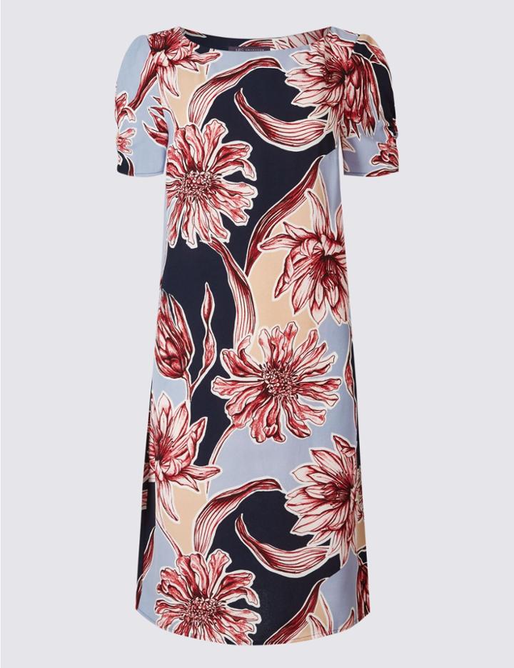 Marks & Spencer Floral Print Short Sleeve Tunic Dress Blue Mix