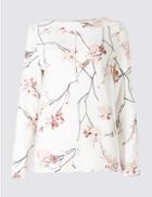 Marks & Spencer Floral Print Slash Neck Long Sleeve T-shirt Ivory Mix
