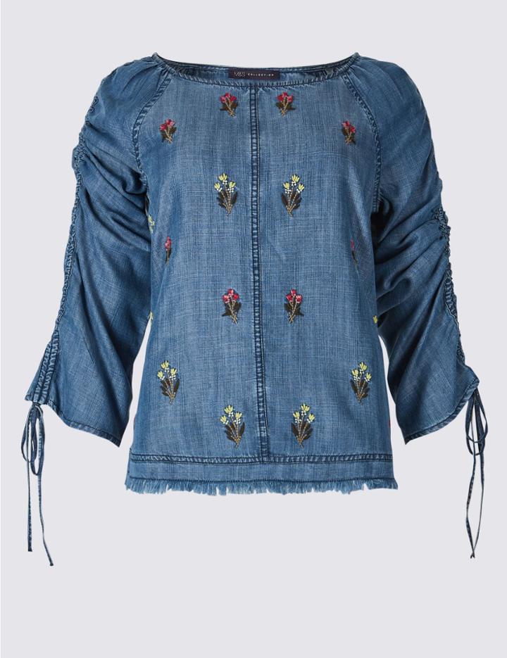 Marks & Spencer Embroidered Slash Neck 3/4 Sleeve Blouse Denim Mix