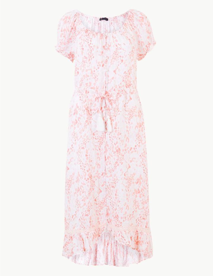 Marks & Spencer Pure Linen Animal Print Midi Waisted Dress Light Pink Mix