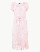Marks & Spencer Pure Linen Animal Print Midi Waisted Dress Light Pink Mix